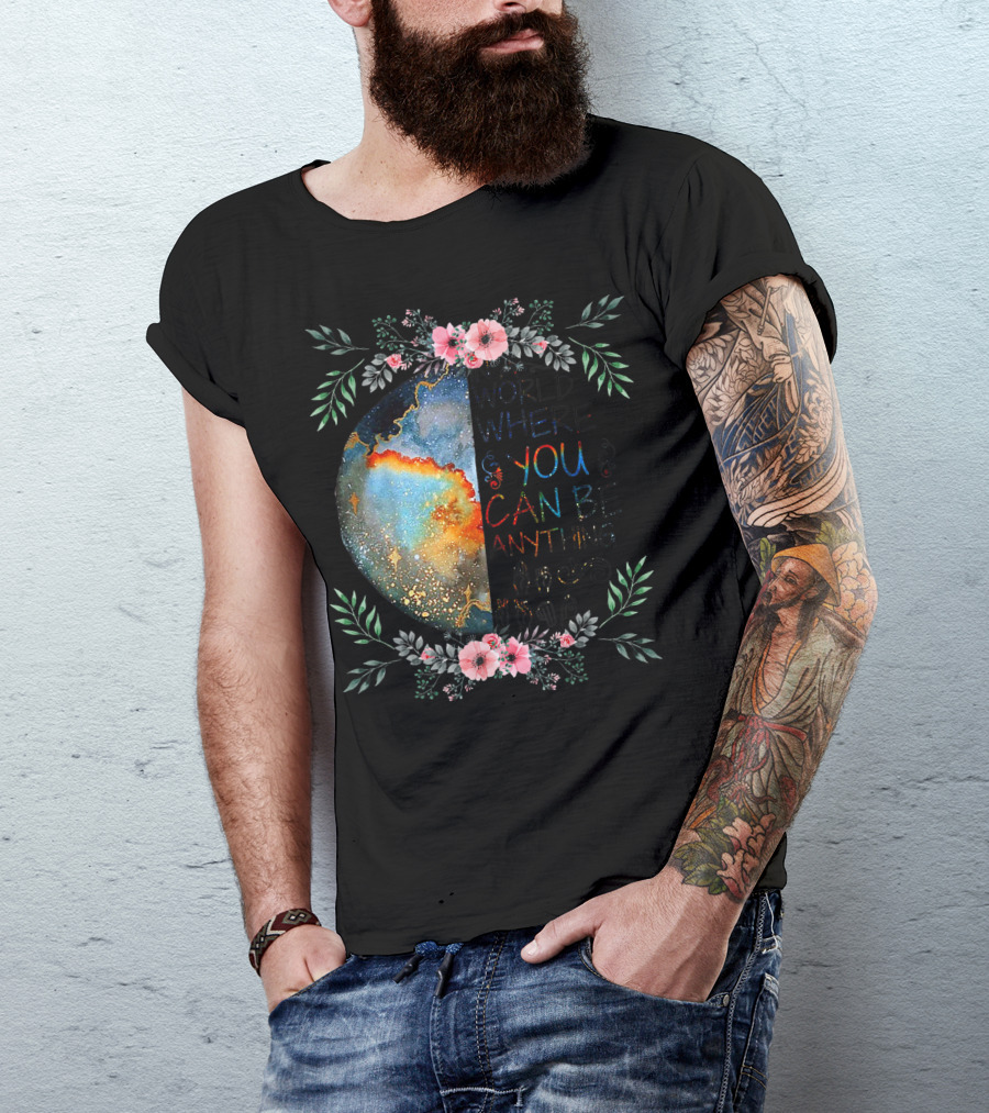 In A World Where You Can Be Anything Be Kind Sign Language Floral Galaxy T-Shirt