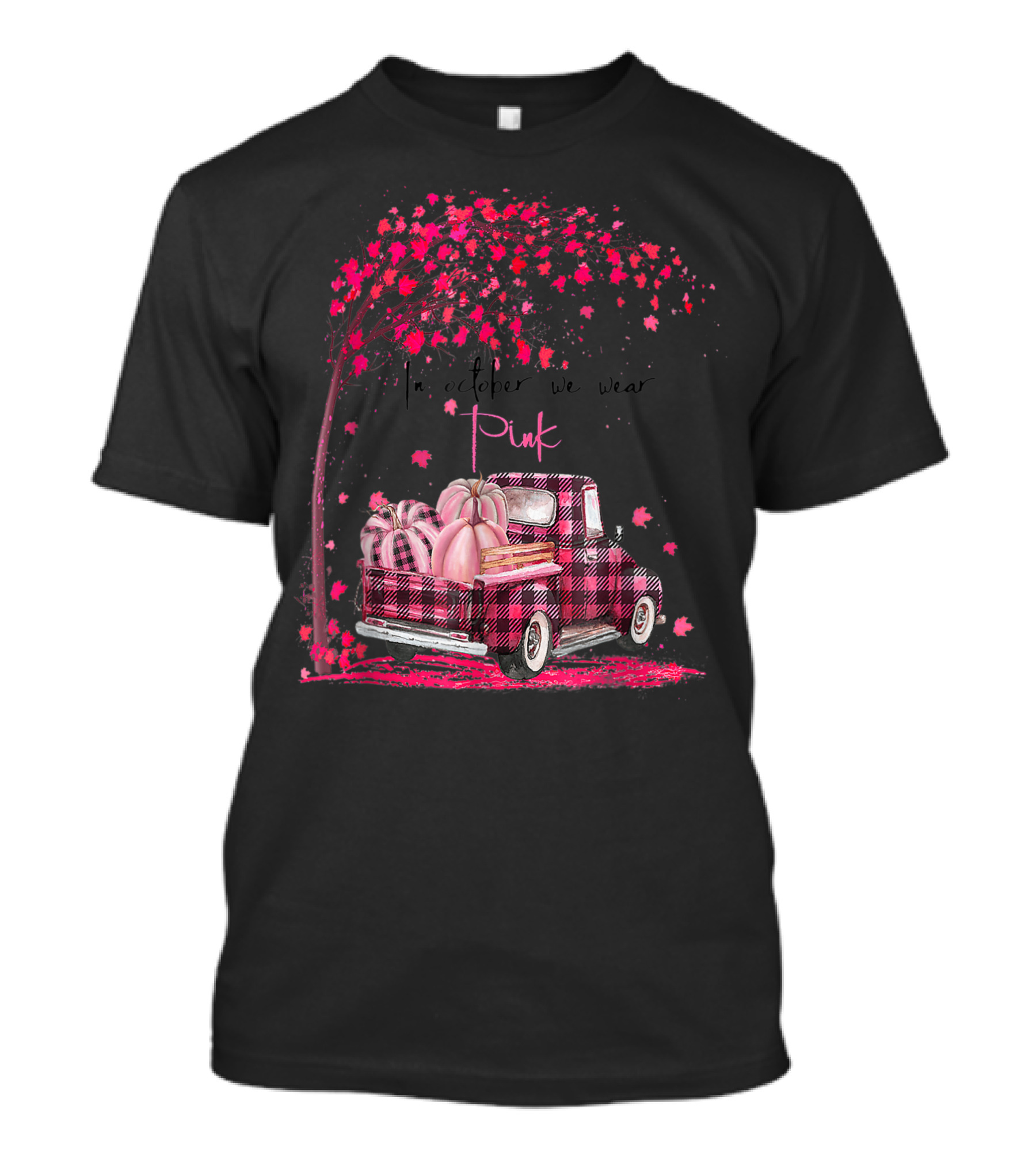 In October We Wear Pink Plaid Truck With Pumpkins Breast Cancer Awareness Halloween T-Shirt