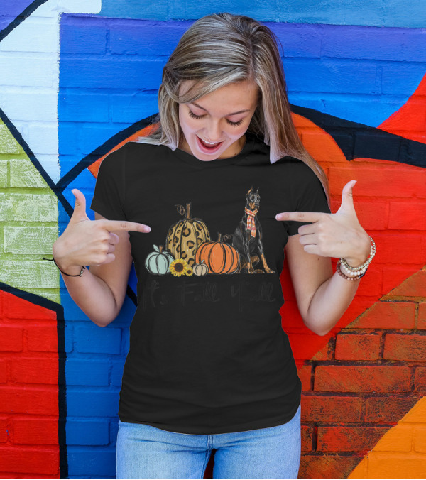 It's Fall Y'all Yellow Leopard Pumpkin Doberman Pinscher Dog T-Shirt