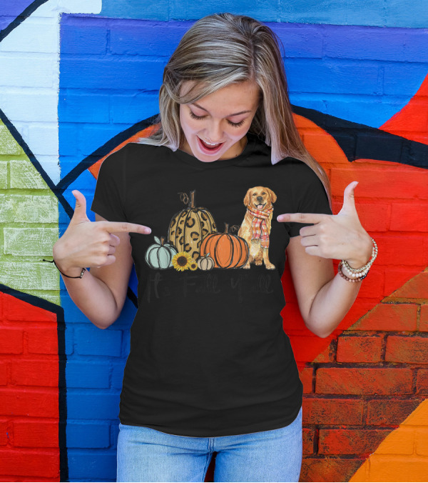 Its Fall Yall Golden Retriever Leopard Pumpkin Scarf Sunflower T-Shirt