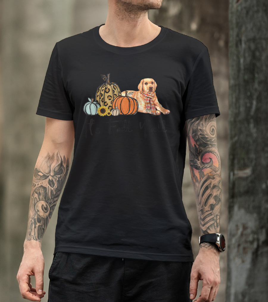 It's Fall Y'all Yellow Labrador Dog Leopard Pumpkin Autumn Scene T-Shirt