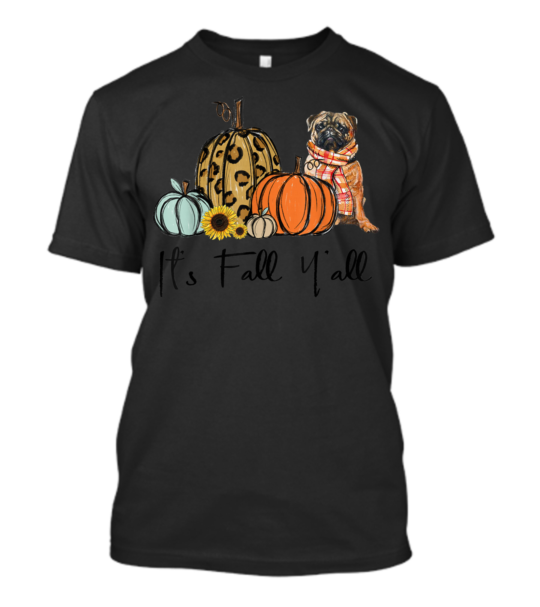 It's Fall Y'all Yellow Pug Dog With Leopard And Pumpkin T-Shirt