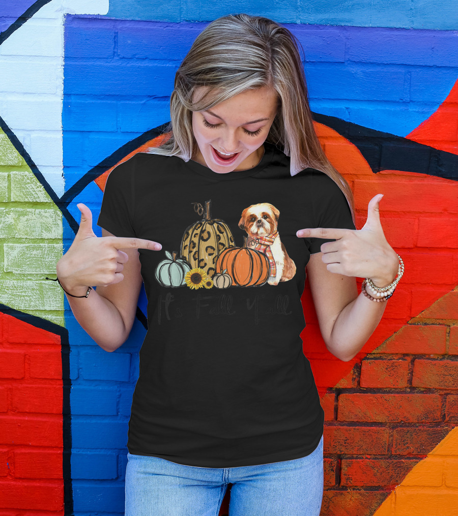 It's Fall Y'all Shih Tzu Dog Leopard Pumpkin With Sunflower And Scarf T-Shirt