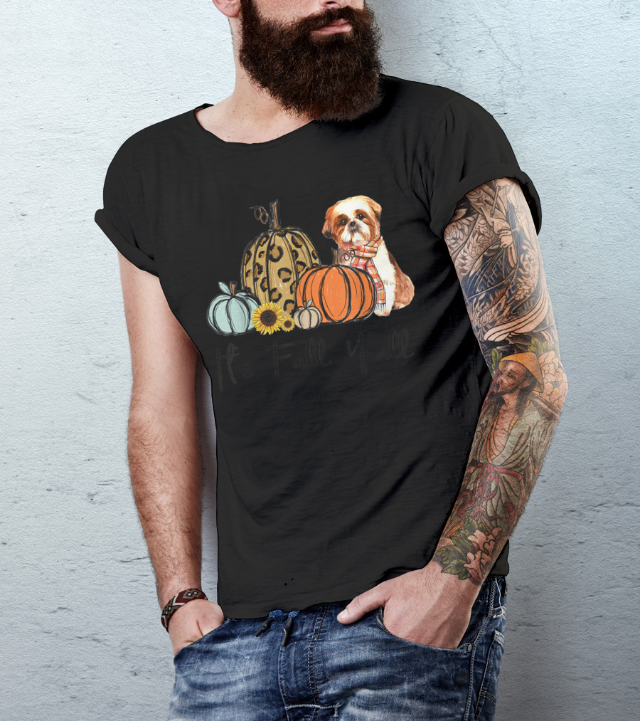 It's Fall Y'all Shih Tzu Dog Leopard Pumpkin With Sunflower And Scarf T-Shirt