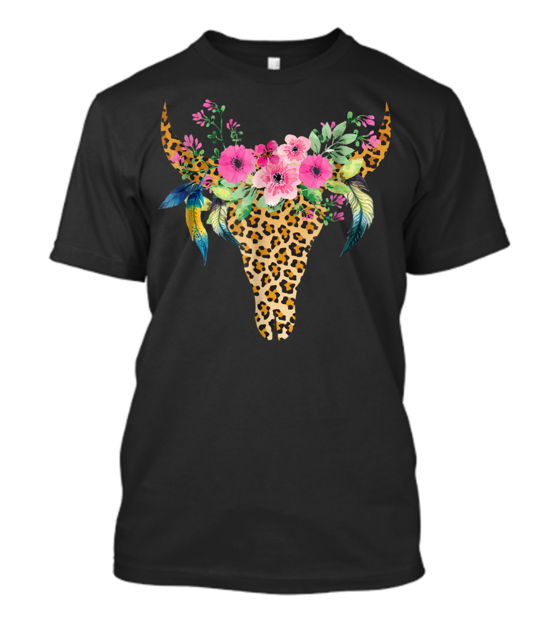 Mothers Day Leopard Bull Skull With Floral Crown And Feathers T-Shirt