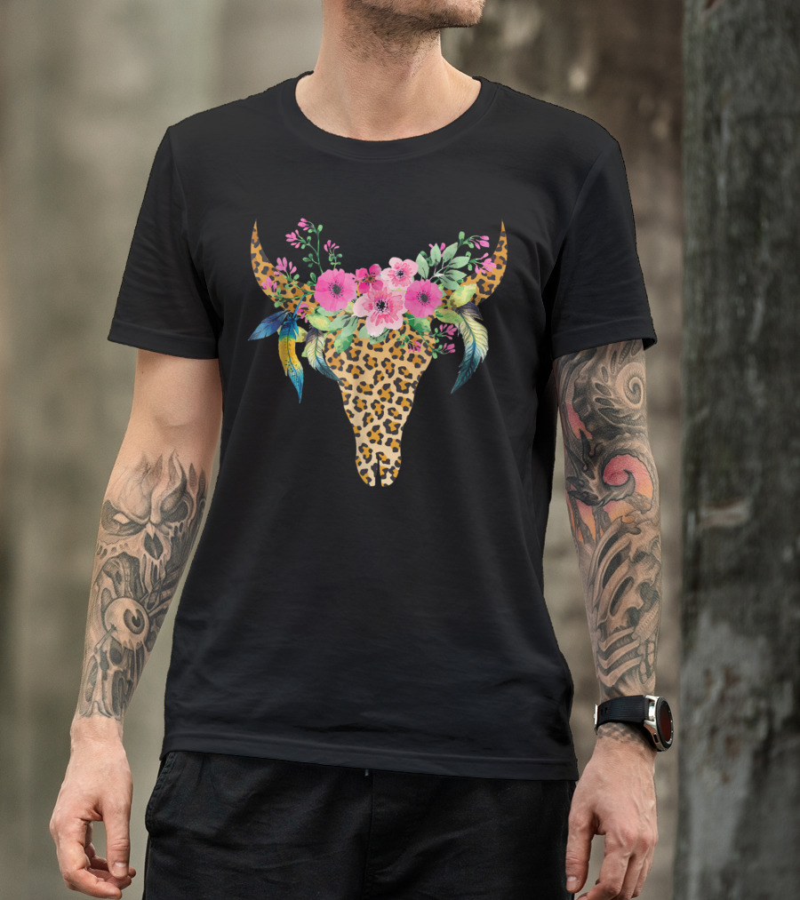 Mothers Day Leopard Bull Skull With Floral Crown And Feathers T-Shirt