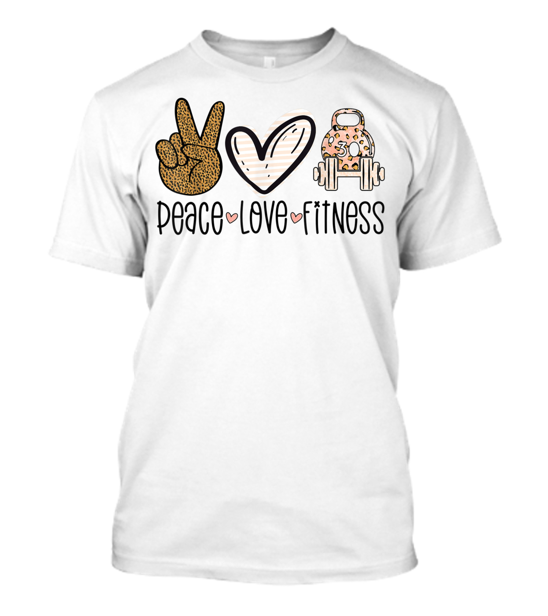 Peace Love Fitness Leopard Print Gym Lover Workout Kettlebell Barbell T-Shirt