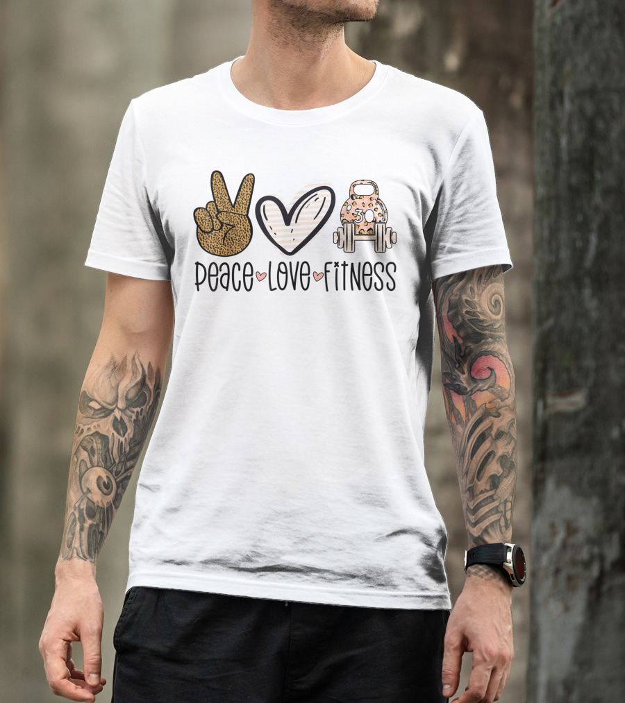 Peace Love Fitness Leopard Print Gym Lover Workout Kettlebell Barbell T-Shirt