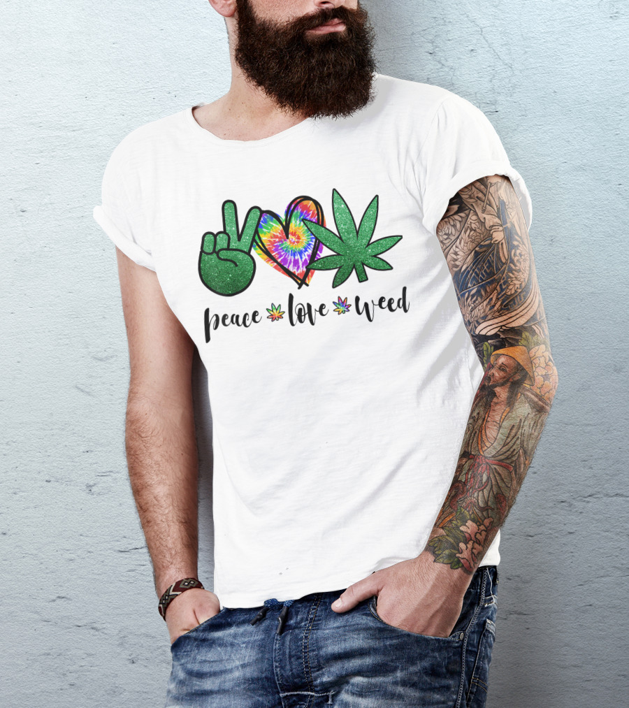 Peace Love Weed Marijuana Hippie Weed Cannabis 420 Stoner Tie-Dye Heart T-Shirt