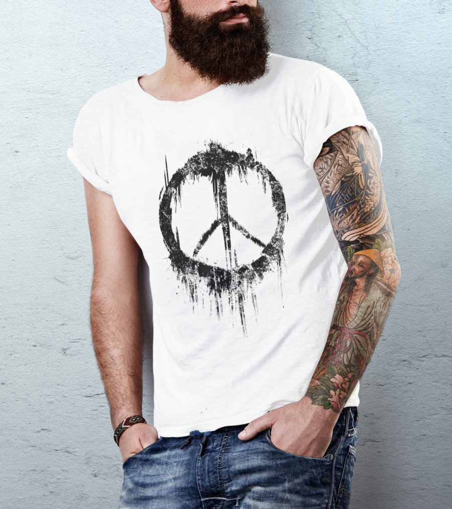 Peace Sign Drip 60s 70s Hippie Style White Paint T-Shirt