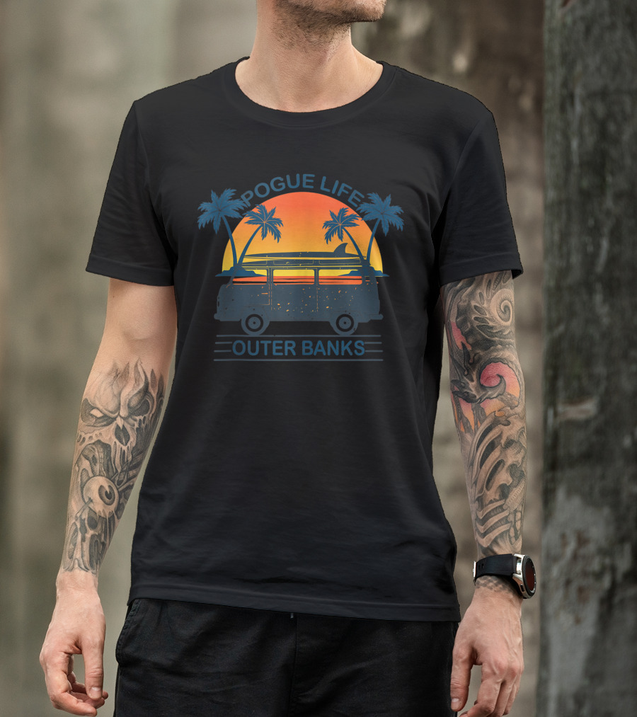 Pogue Life Outer Banks Vintage Sunny Surf Van Sunset Palm Trees T-Shirt