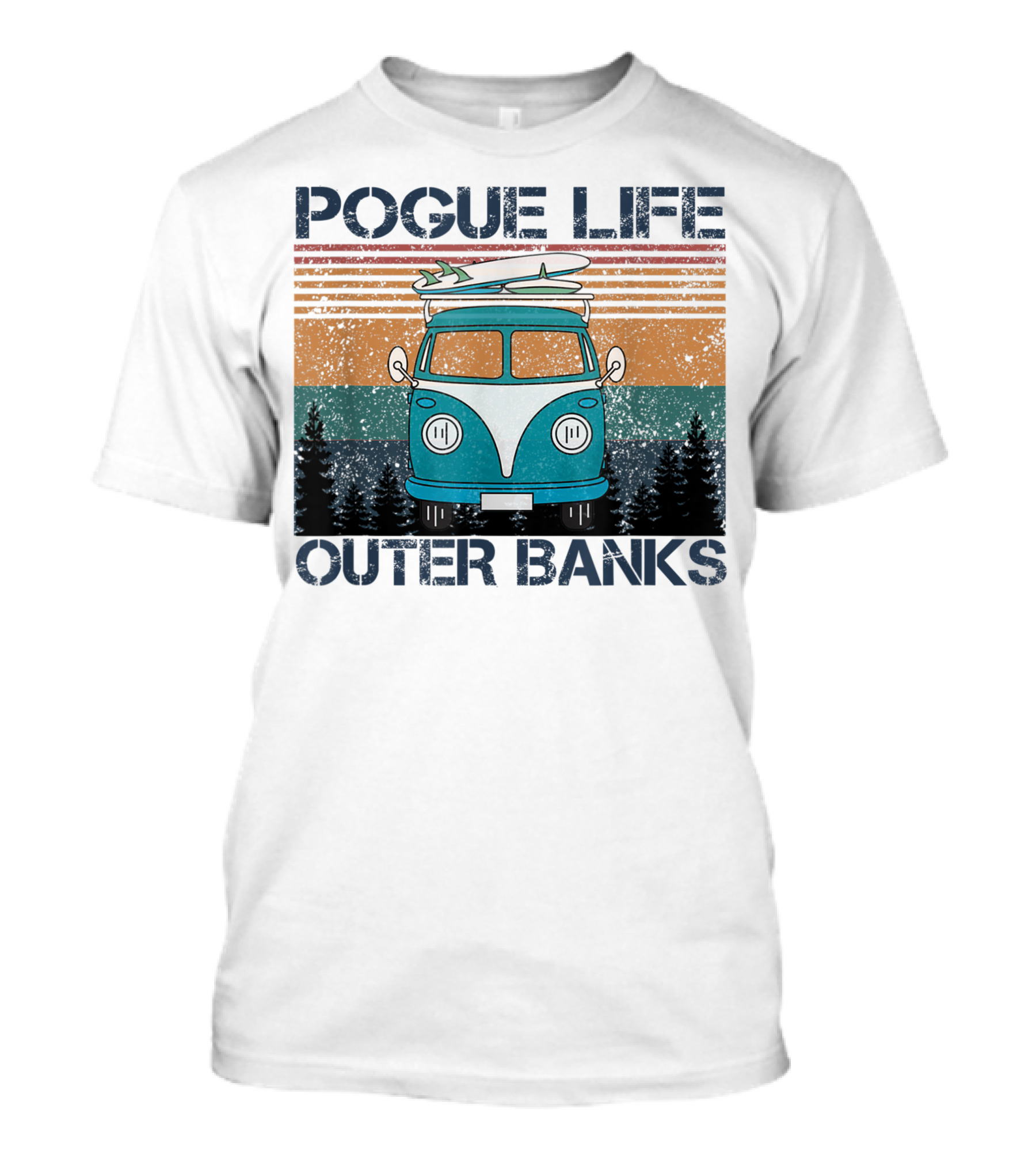 Pogue Life Outer Banks Vintage Van With Surfboards And Sunset Stripes T-Shirt
