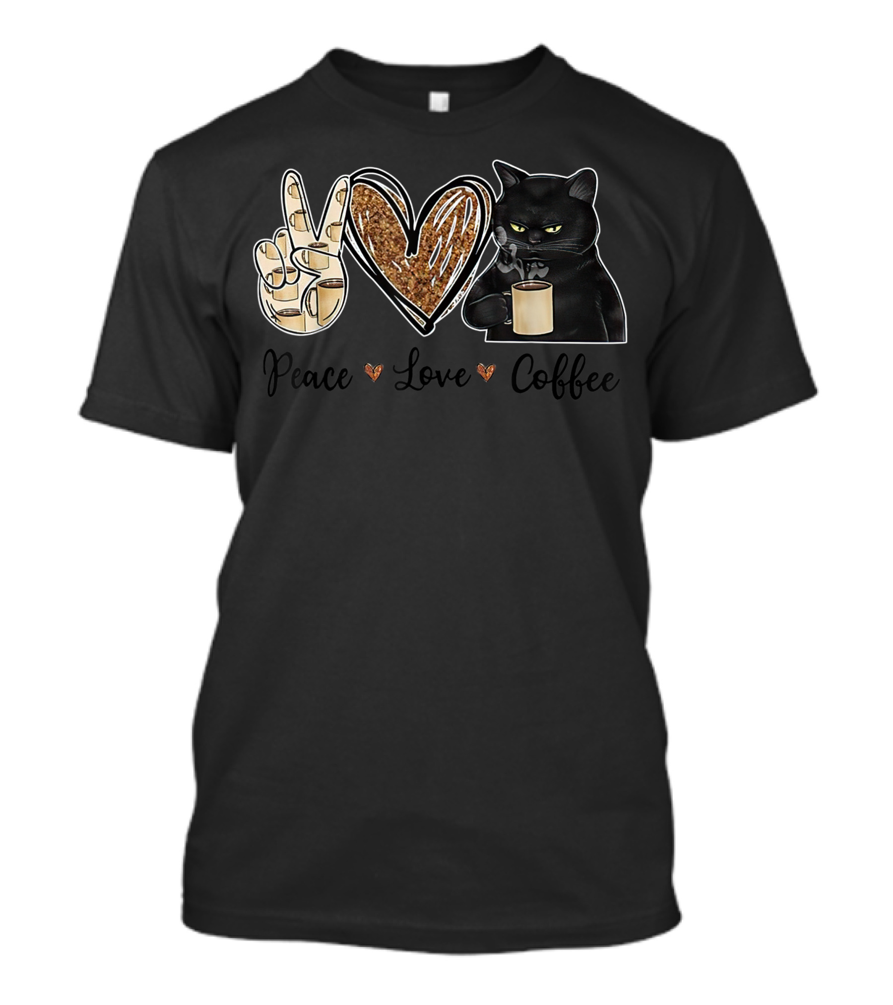 Peace Love Coffee Coffee Cat Peace Sign Heart Coffee Mug Black Cat T-Shirt