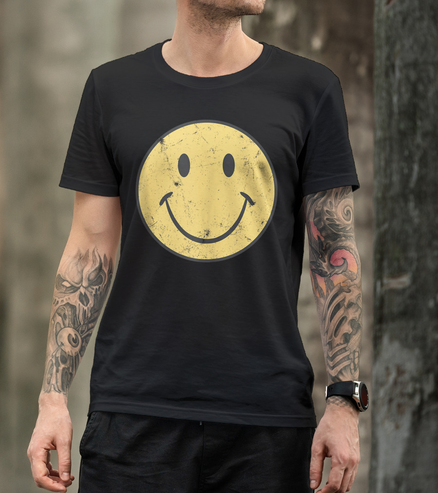 Retro 70s Distressed Yellow Smile Face T-Shirt