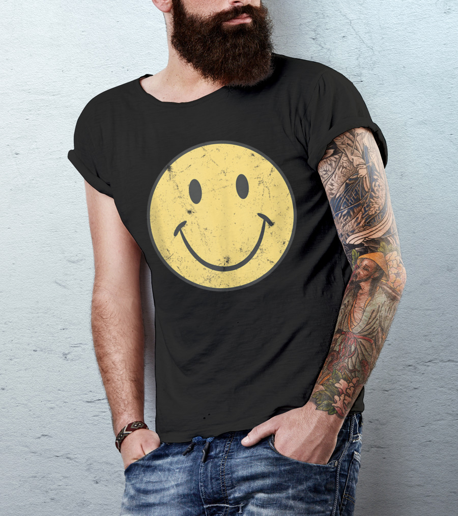 Retro 70s Distressed Yellow Smile Face T-Shirt