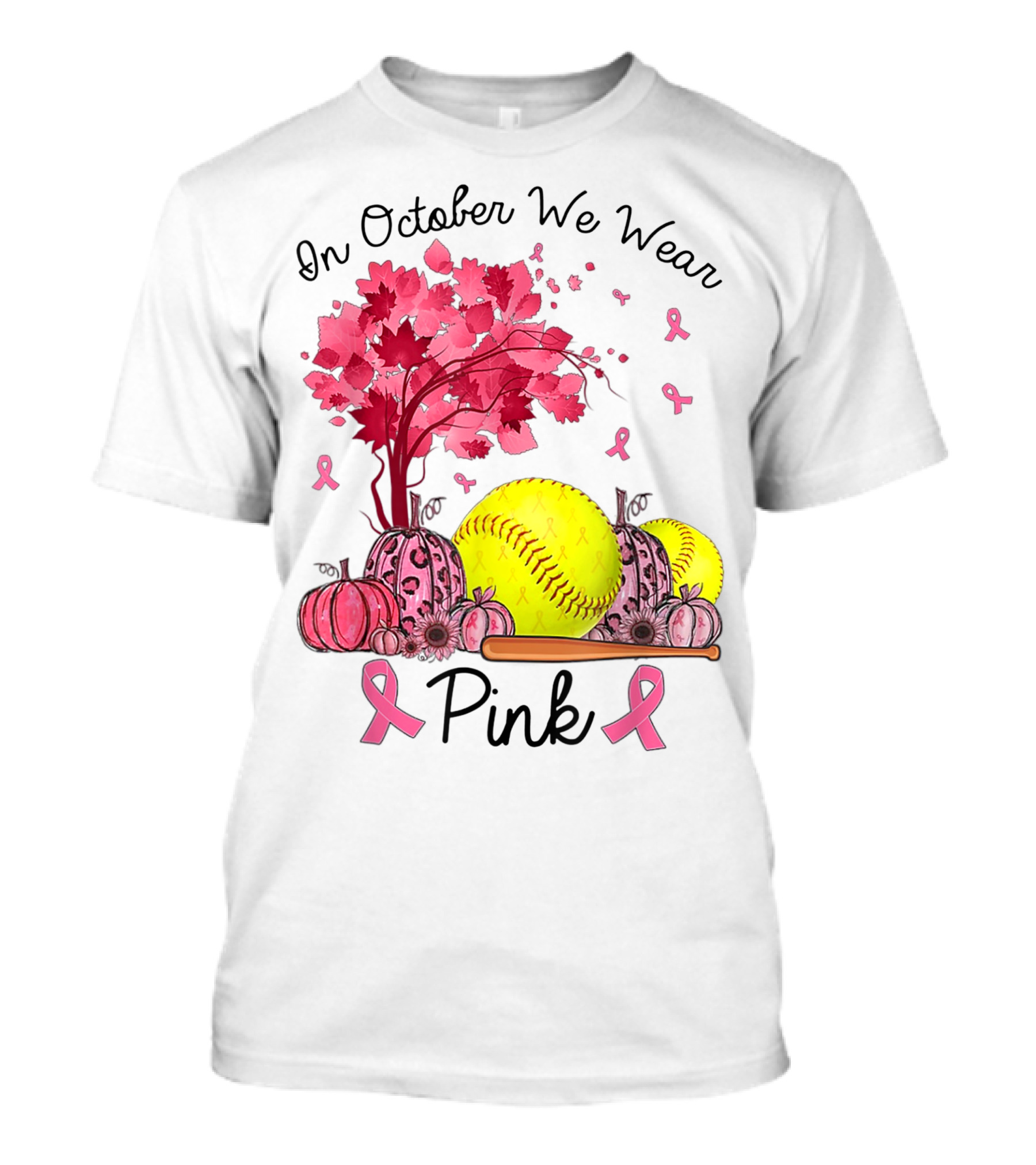 In October We Wear Pink Softball Breast Cancer Awareness Autumn Fall T-Shirt