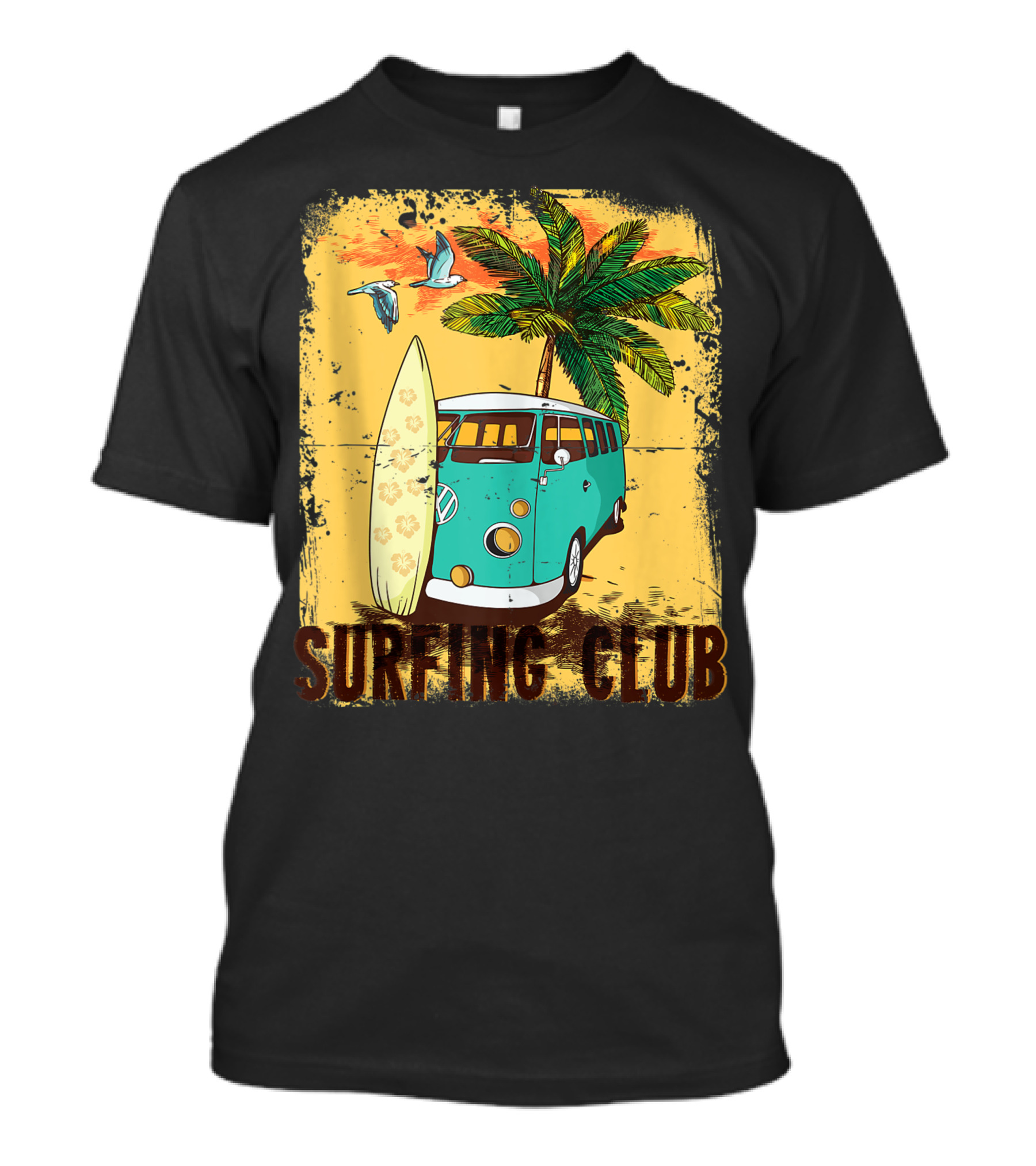 Surfing Club Summer Beach Hippie Van Bus Surfboard Palm Tree T-Shirt