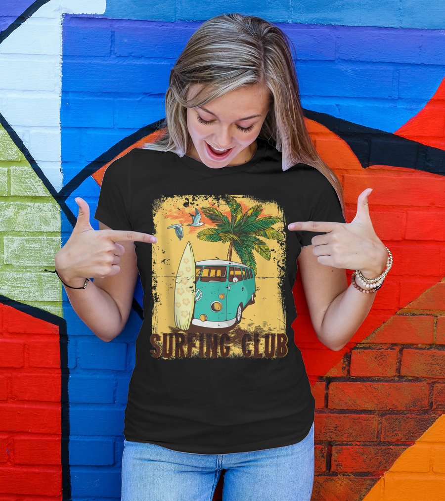 Surfing Club Summer Beach Hippie Van Bus Surfboard Palm Tree T-Shirt