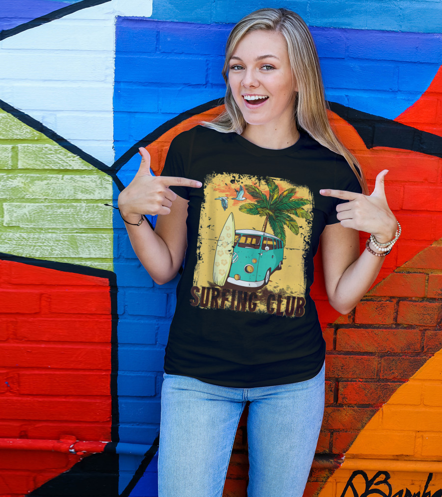 Surfing Club Summer Beach Hippie Van Bus Surfboard Palm Tree T-Shirt