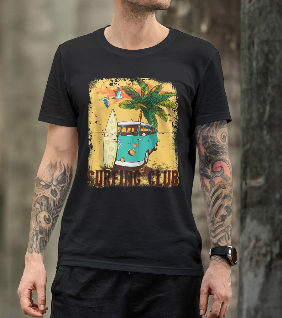 Surfing Club Summer Beach Hippie Van Bus Surfboard Palm Tree T-Shirt