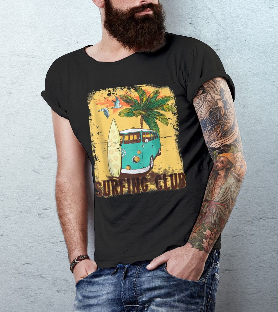Surfing Club Summer Beach Hippie Van Bus Surfboard Palm Tree T-Shirt