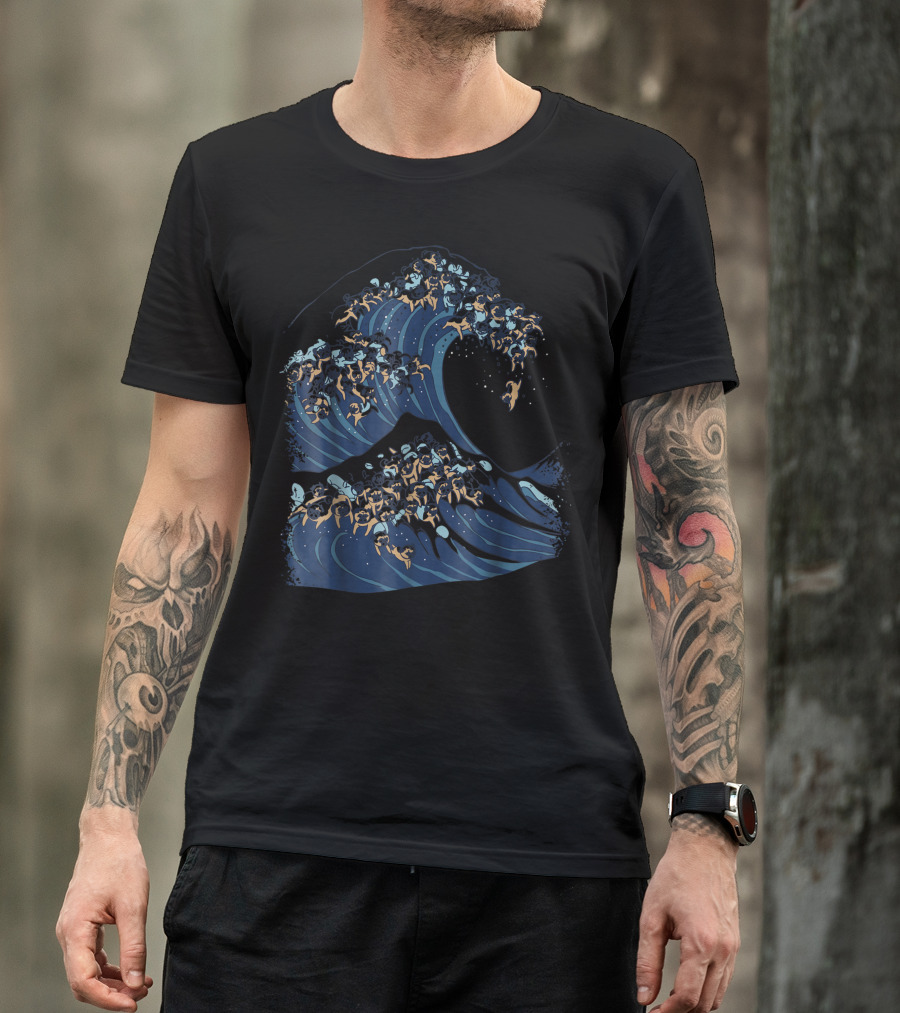 The Great Wave Of Pugs By Huebucket Iconic Canine Ocean T-Shirt