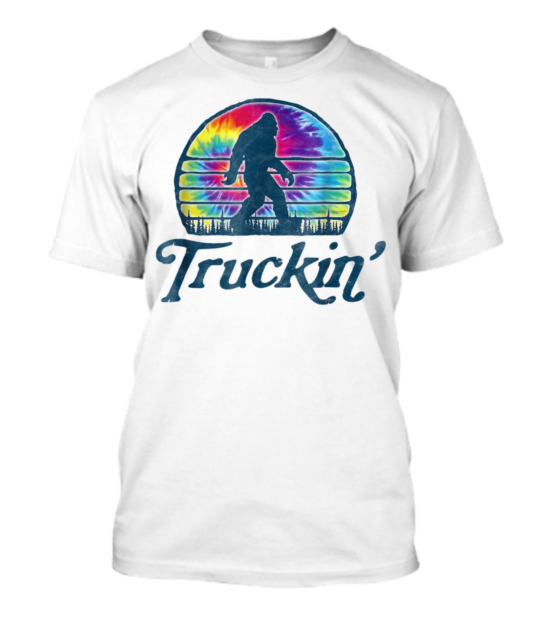 Truckin' Tie Dye Vintage Hippie Bigfoot Silhouette In Rainbow Sunset T-Shirt