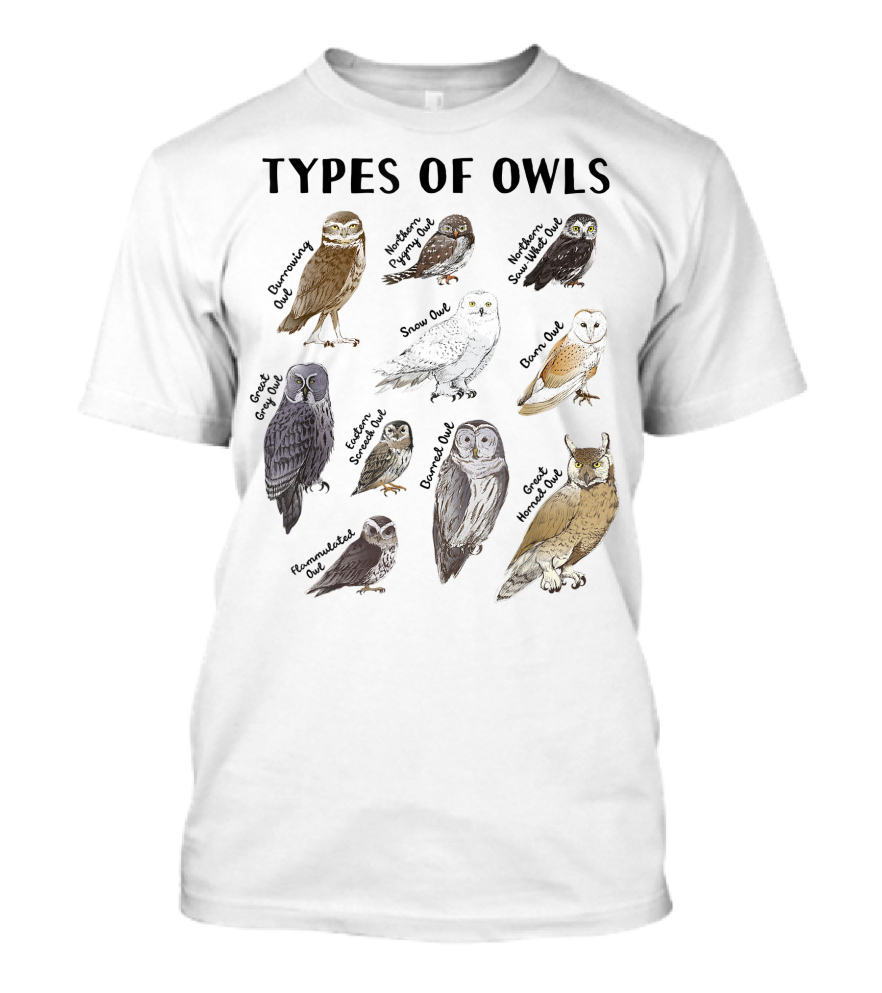 Types Of Owls Great Gray Owl Barn Owl Owl Lover Collection Educational Cute Snowy Owl Northern Hawk Owl T-Shirt