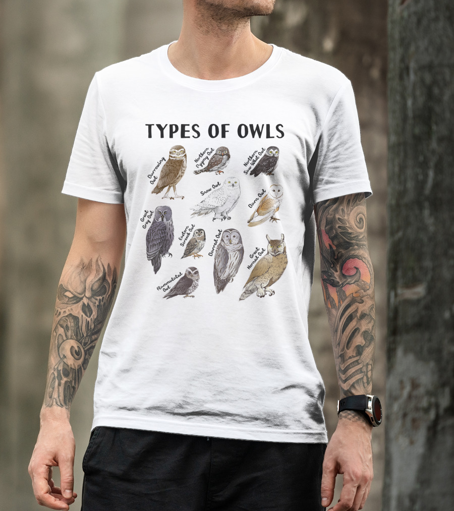 Types Of Owls Great Gray Owl Barn Owl Owl Lover Collection Educational Cute Snowy Owl Northern Hawk Owl T-Shirt