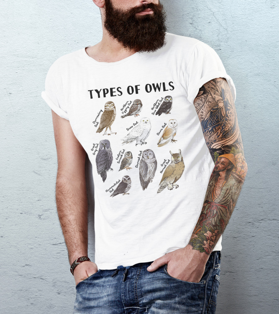Types Of Owls Great Gray Owl Barn Owl Owl Lover Collection Educational Cute Snowy Owl Northern Hawk Owl T-Shirt