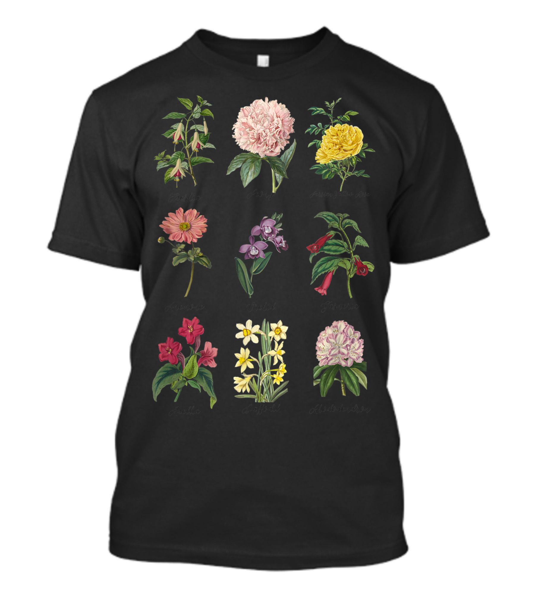 Vintage Botanical Floral Flower Peony Dahlia Orchid Narcissus Rose T-Shirt