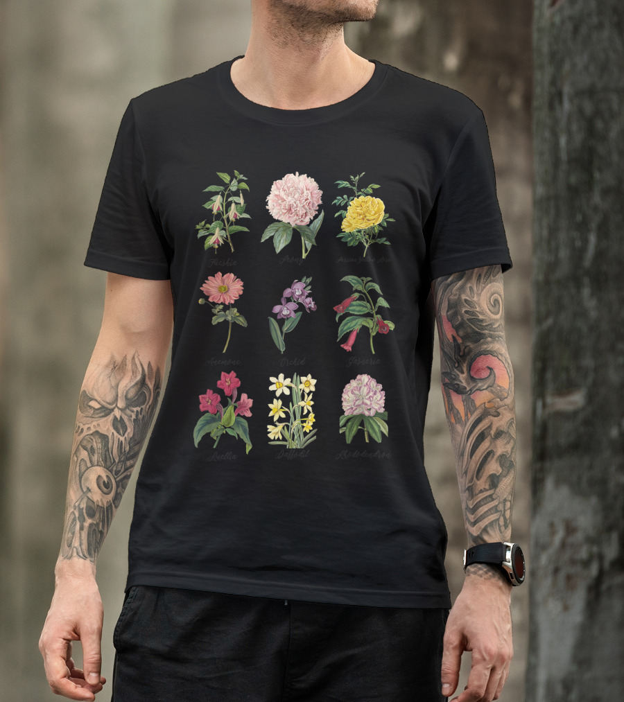 Vintage Botanical Floral Flower Peony Dahlia Orchid Narcissus Rose T-Shirt