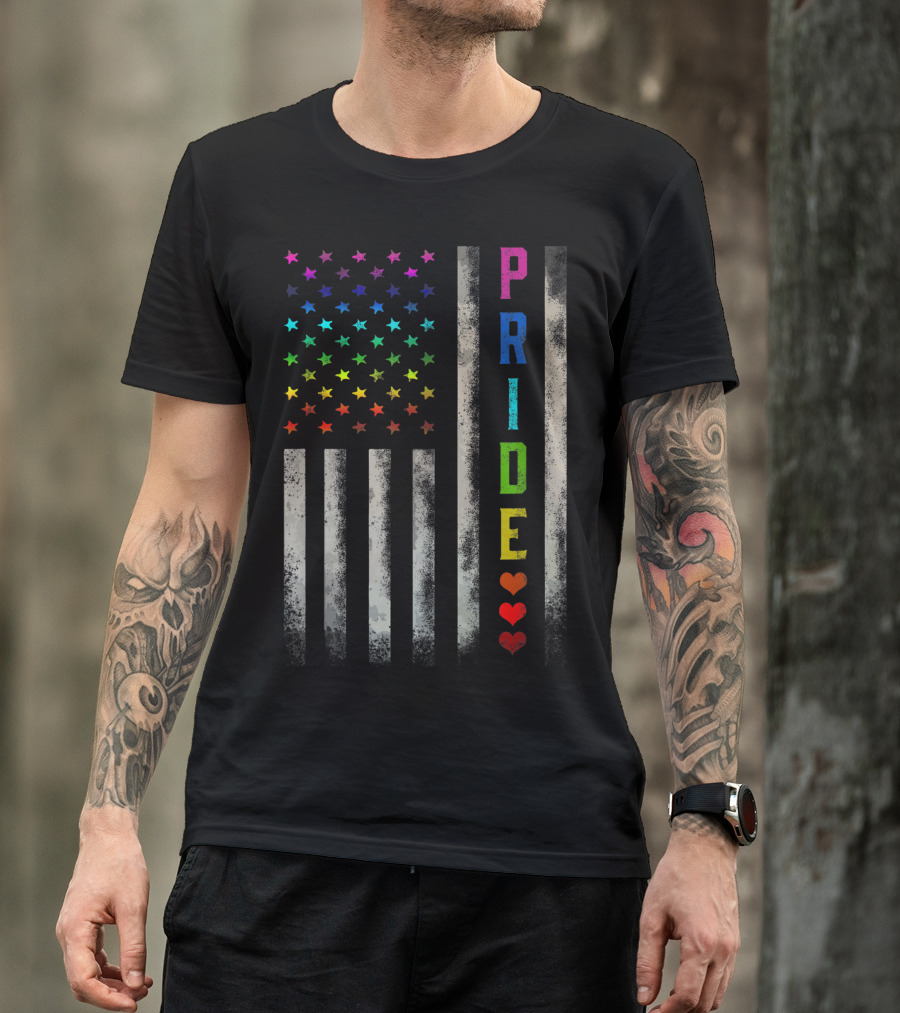 American Distressed Rainbow Stars Flag With Pride Hearts T-Shirt