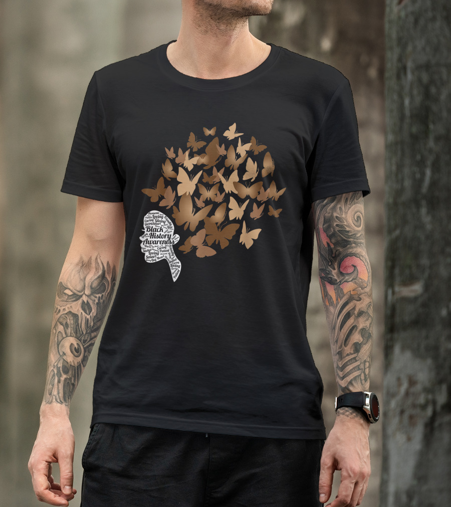Black Woman Afro Butterfly Black History Awareness Loving Smart Heart T-Shirt