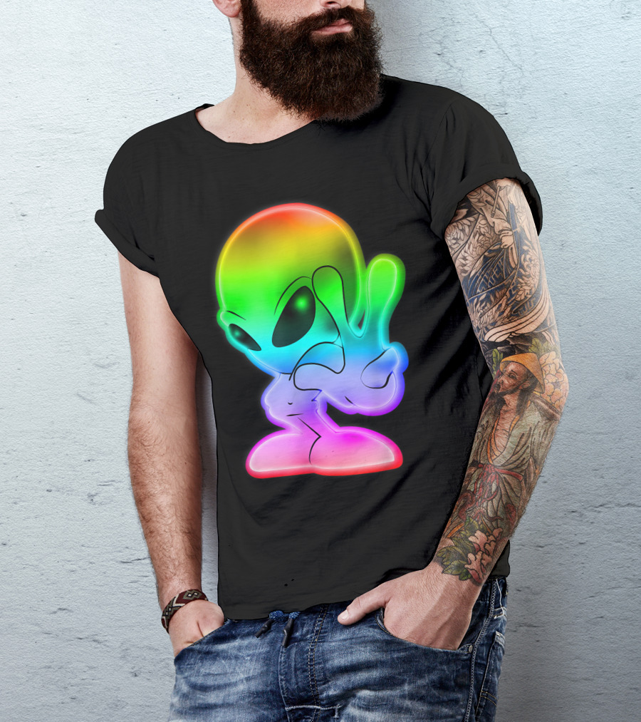 Colorful Rainbow Alien With Peace Sign UFO T-Shirt
