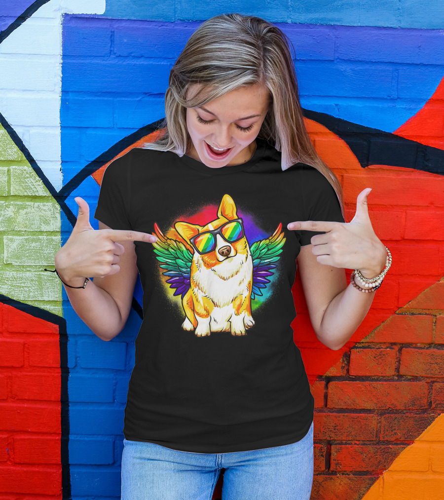 Corgi Dog Rainbow Wings Pride Sunglasses T-Shirt