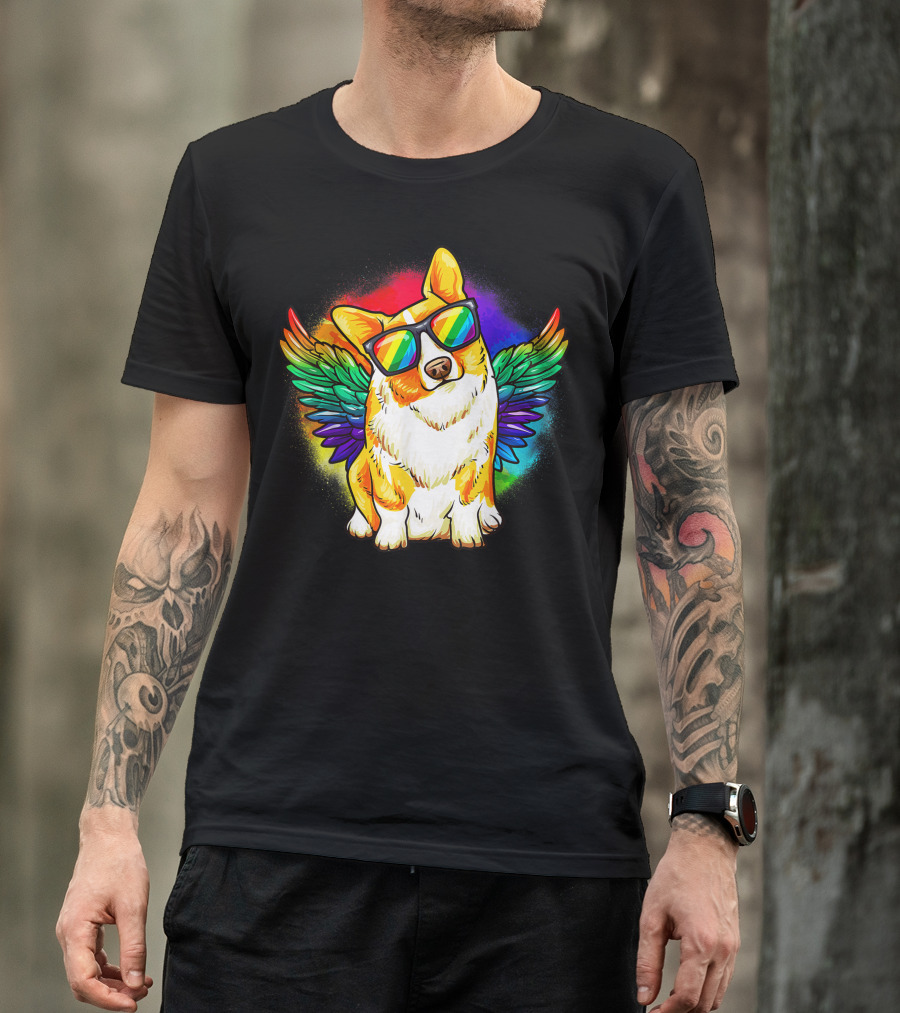 Corgi Dog Rainbow Wings Pride Sunglasses T-Shirt
