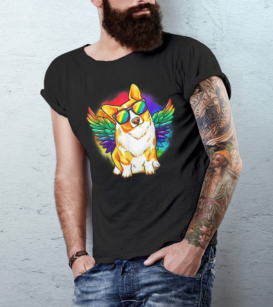 Corgi Dog Rainbow Wings Pride Sunglasses T-Shirt