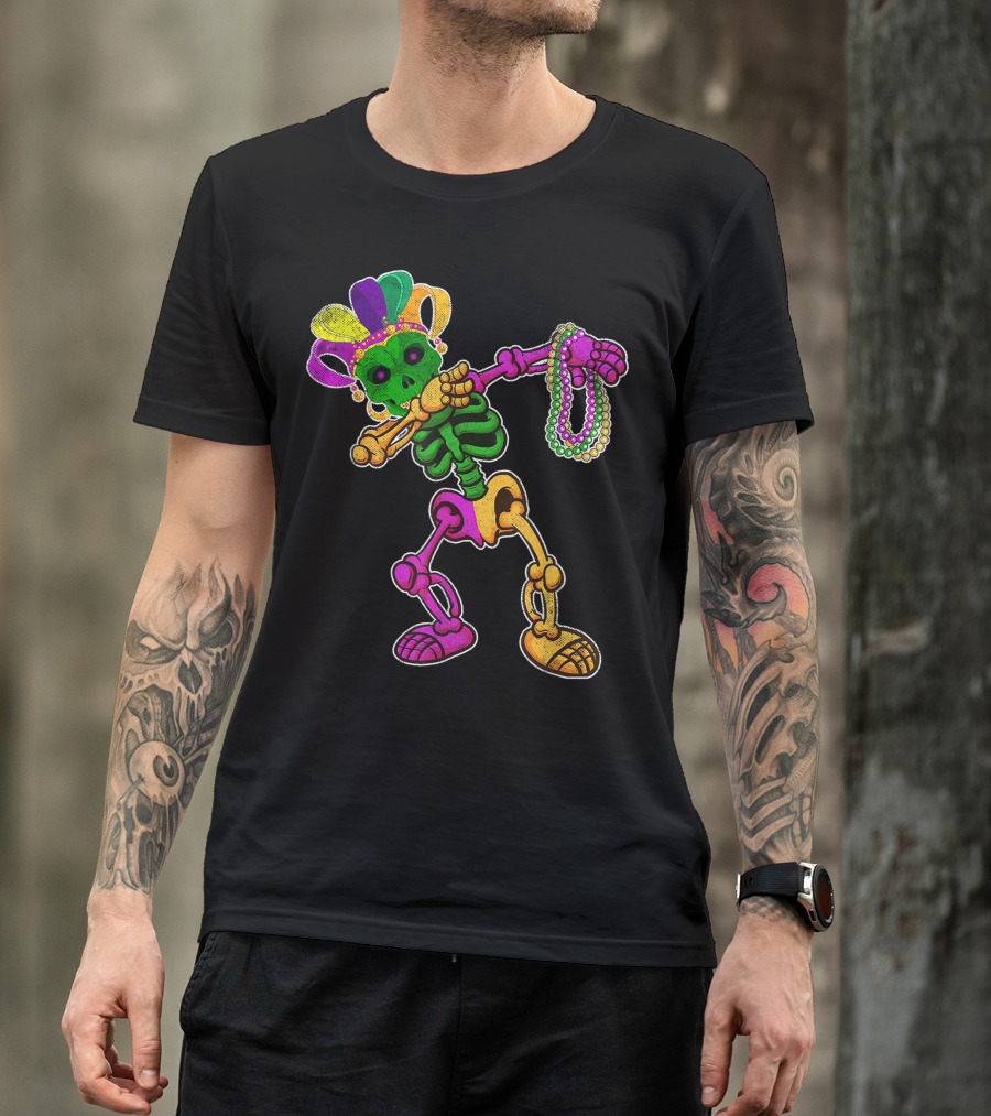 Dabbing Skeleton Mardi Gras Carnival Parade Beads T-Shirt