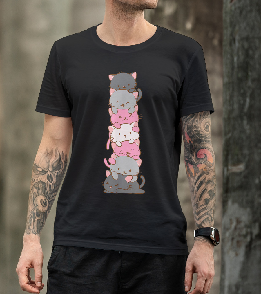 Demigirl Pride Kawaii Cat Stack Cute Pastel Colors T-Shirt