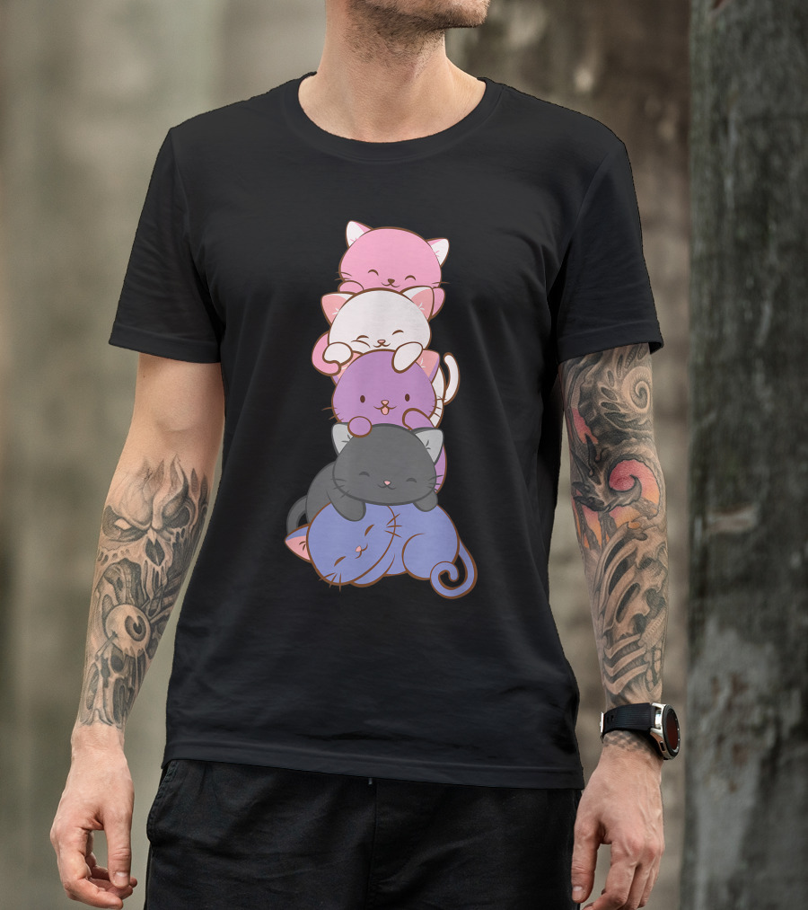 Genderfluid Pride Kawaii Cat Stack T-Shirt