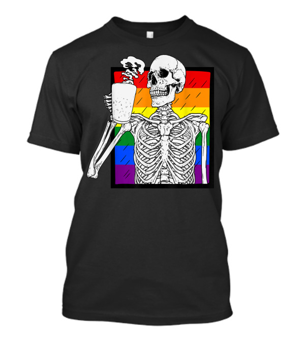 Halloween Coffee Drinking Skeleton Skull Rainbow Pride Awareness T-Shirt