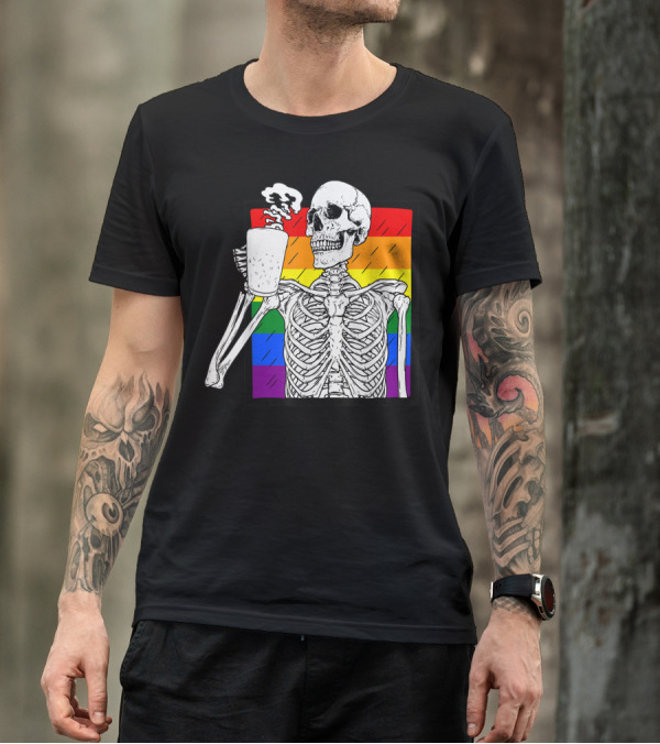 Halloween Coffee Drinking Skeleton Skull Rainbow Pride Awareness T-Shirt