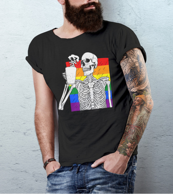 Halloween Coffee Drinking Skeleton Skull Rainbow Pride Awareness T-Shirt