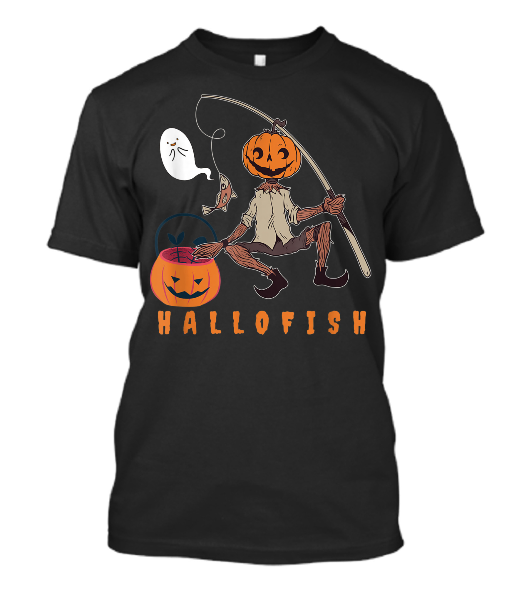 Halloween Pumpkin Head Angler Fishing With Ghost And HalloFish Basket T-Shirt