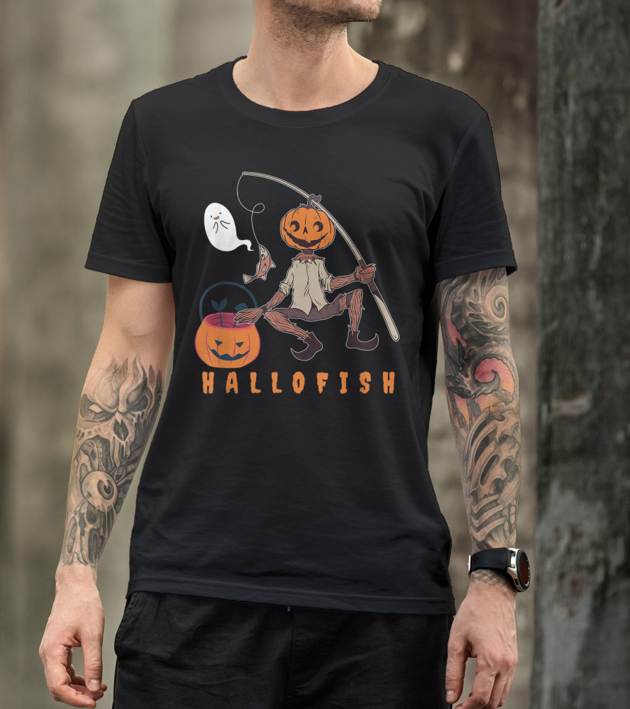 Halloween Pumpkin Head Angler Fishing With Ghost And HalloFish Basket T-Shirt