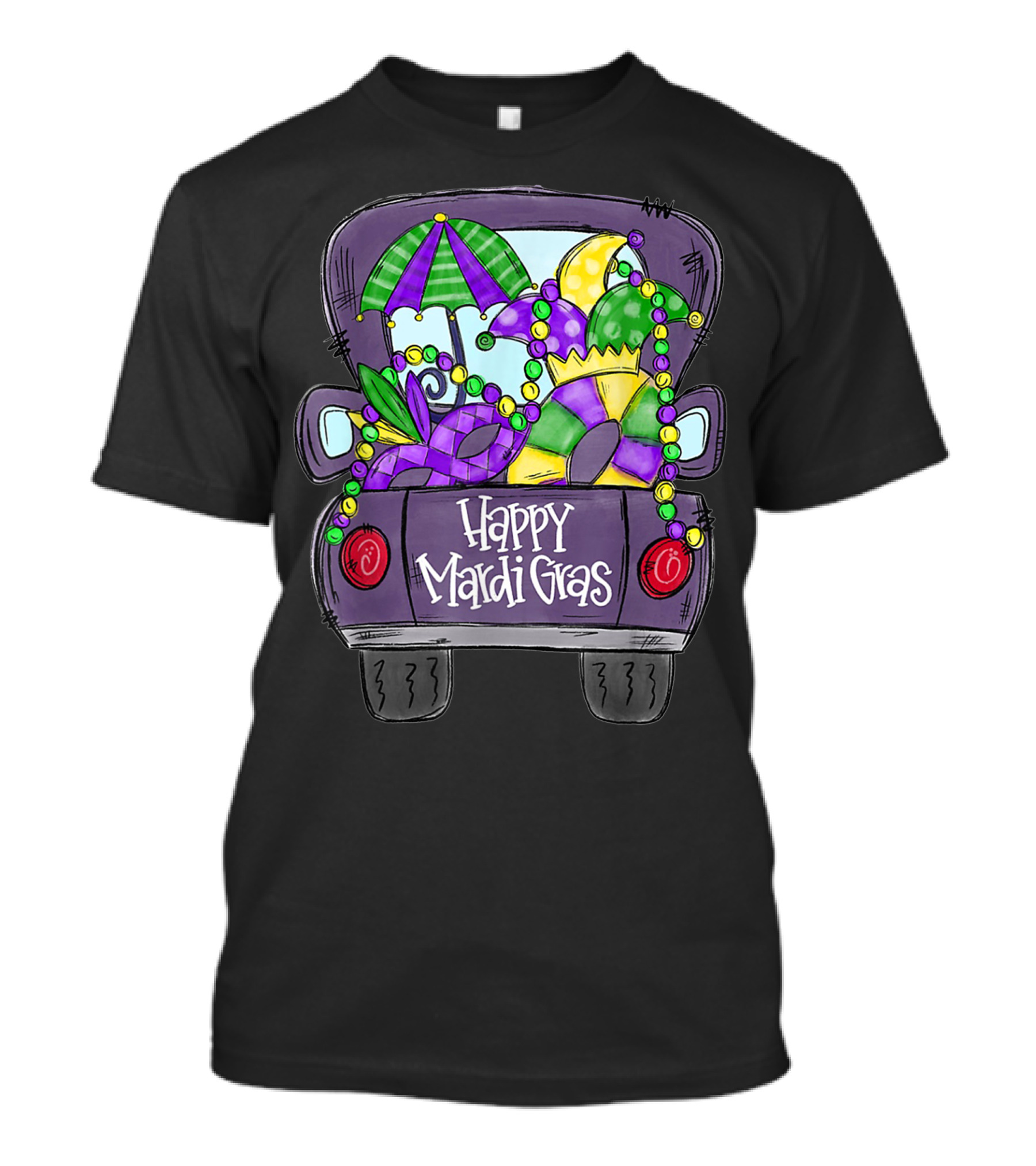 Happy Mardi Gras Party Bus Celebration With Beads And Jester Hat T-Shirt