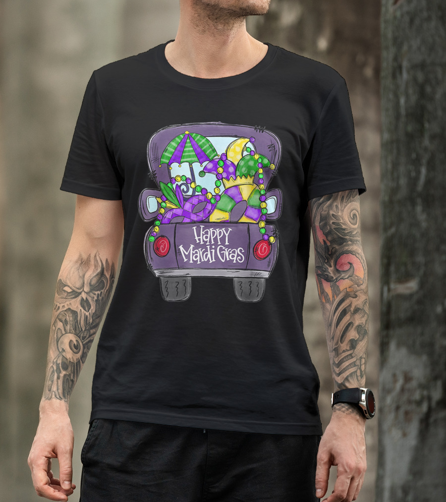 Happy Mardi Gras Party Bus Celebration With Beads And Jester Hat T-Shirt