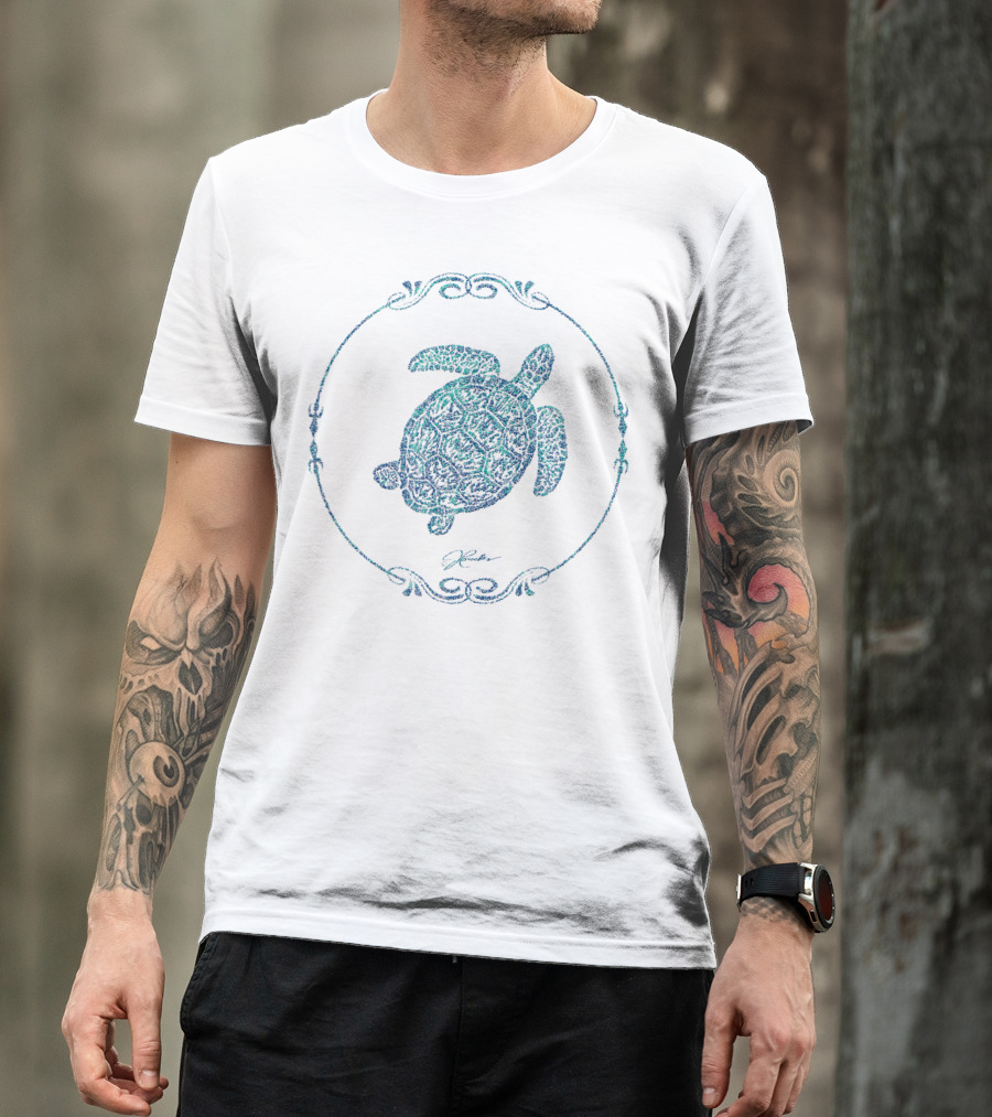 Jcombs Blue-Green Sea Turtle In Ornate Vintage Round Frame T-Shirt