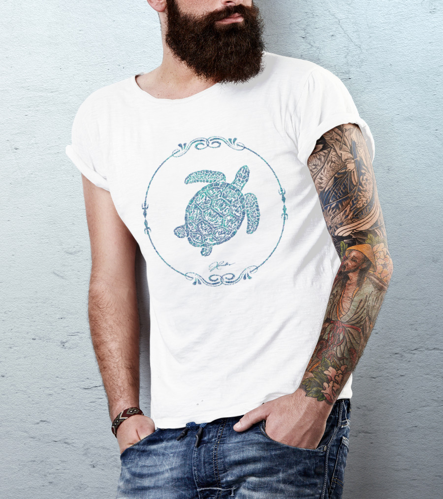 Jcombs Blue-Green Sea Turtle In Ornate Vintage Round Frame T-Shirt